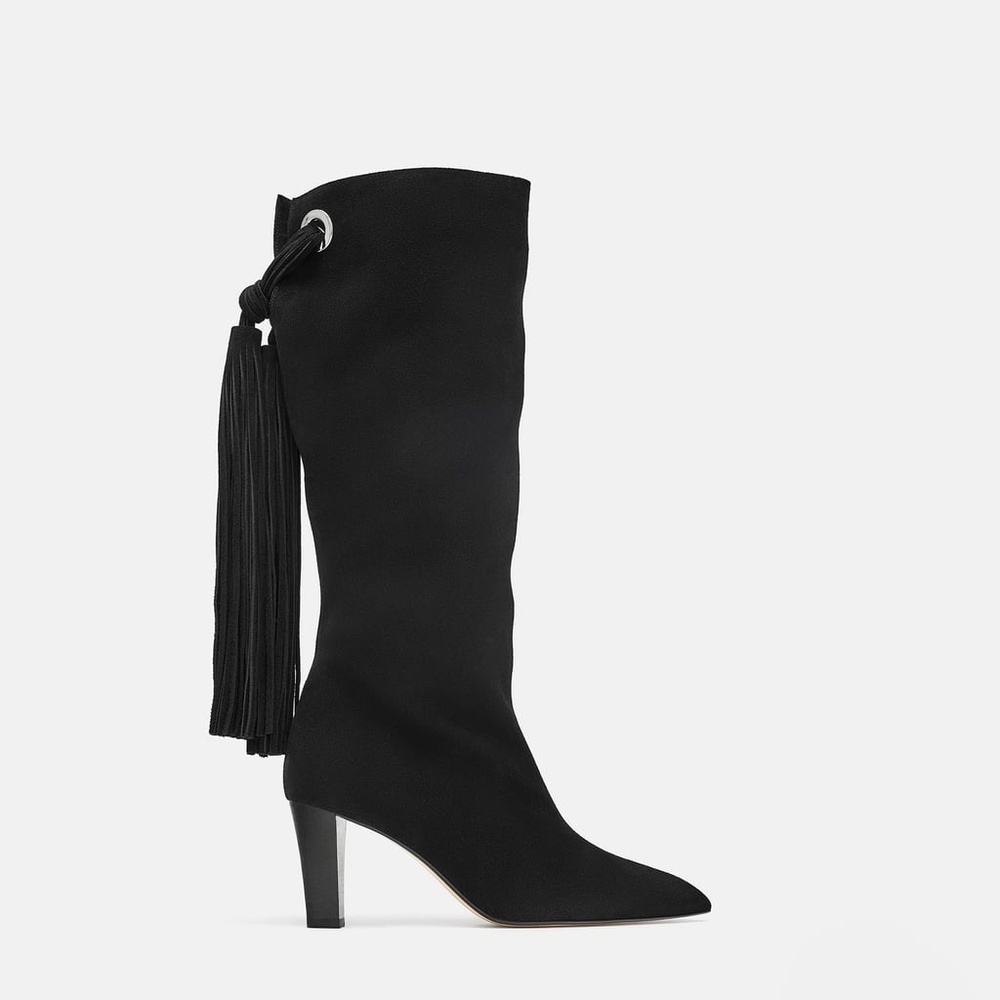 Zara Black Suede Fringe Leather Boots 38 39